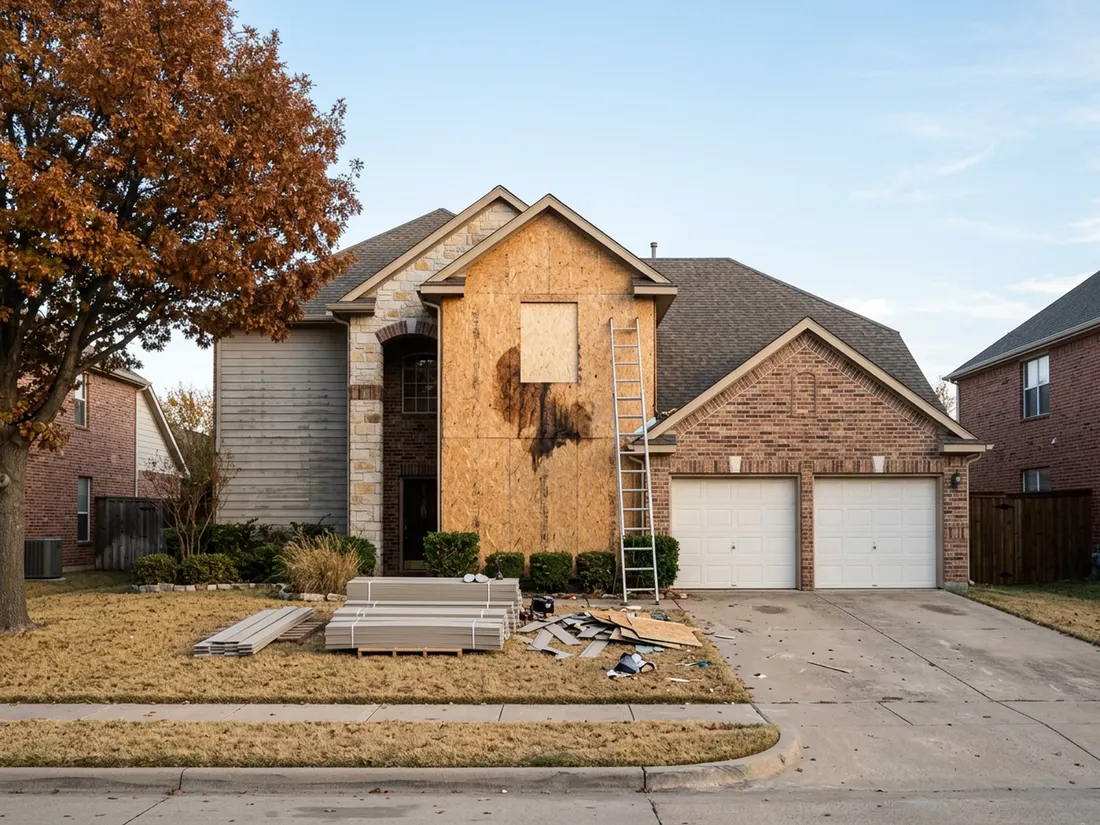 Dallas-area home mid re-side with one wall stripped to sheathing and a new patch in place