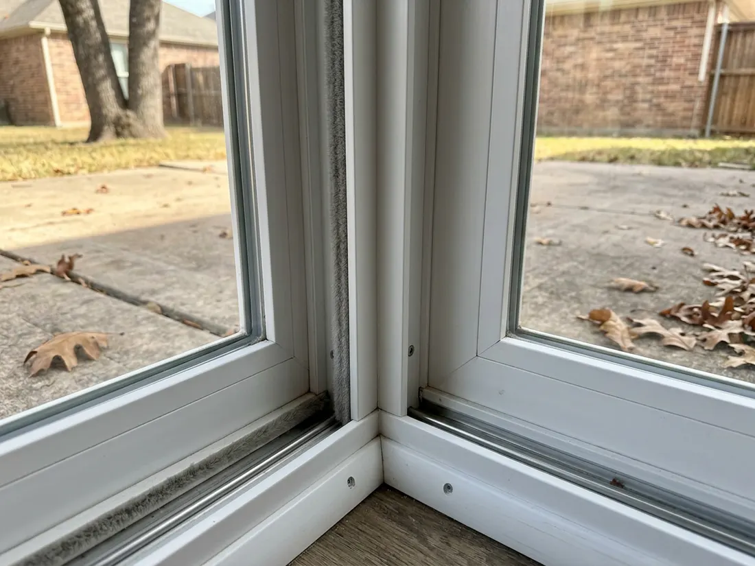 Close view of a welded white vinyl sliding door frame corner with weatherstripping and track
