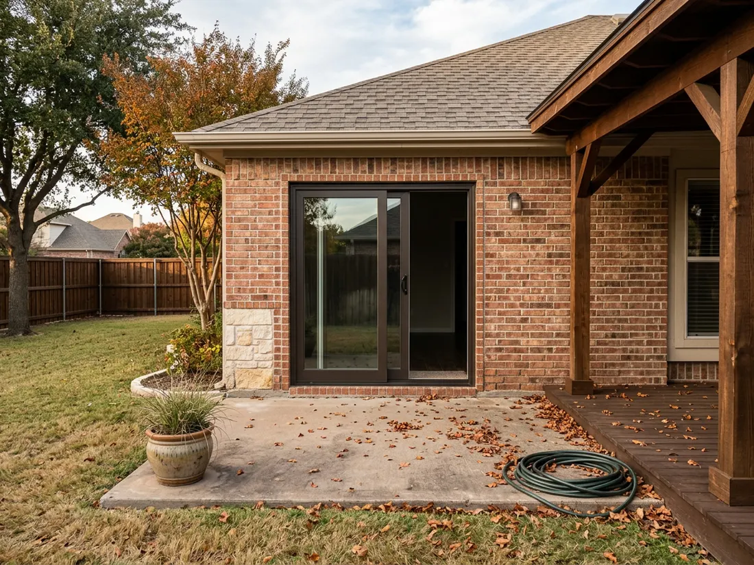 New bronze-framed sliding glass door opening onto a cedar and concrete patio at a North Texas brick home