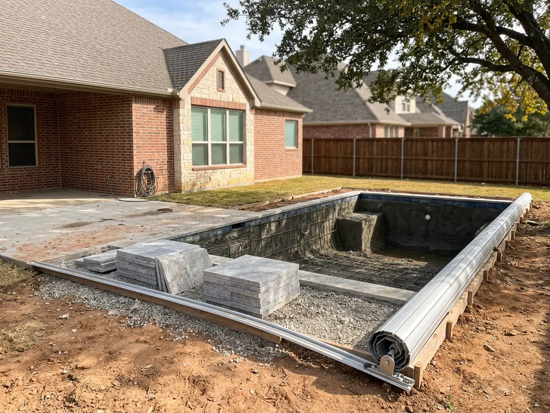 Pool shell, deck base and cover track staged side by side in a fall Texas backyard