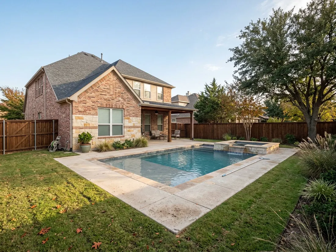 Newly finished gunite pool with travertine coping and spa in a North Texas backyard in autumn