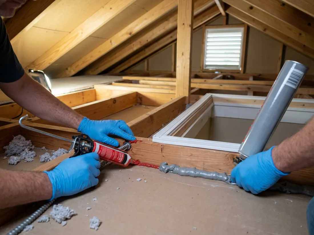 Gloved hand sealing gaps around wiring at the attic floor before insulation is added