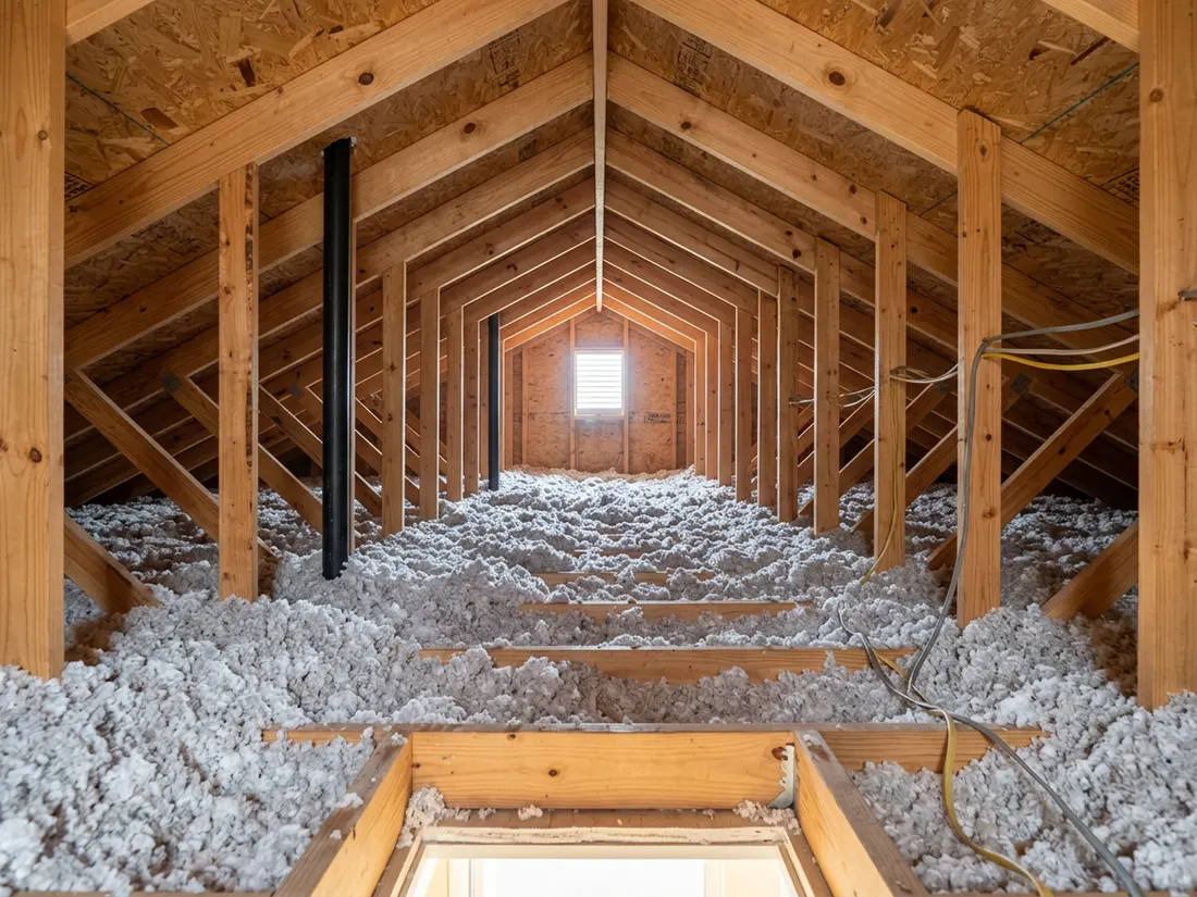 Attic in a North Texas home with deep, even blown-in insulation covering the ceiling joists