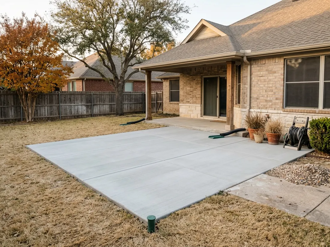 Wide view of a jointed gray concrete patio sloping away from a brick Texas home in fall