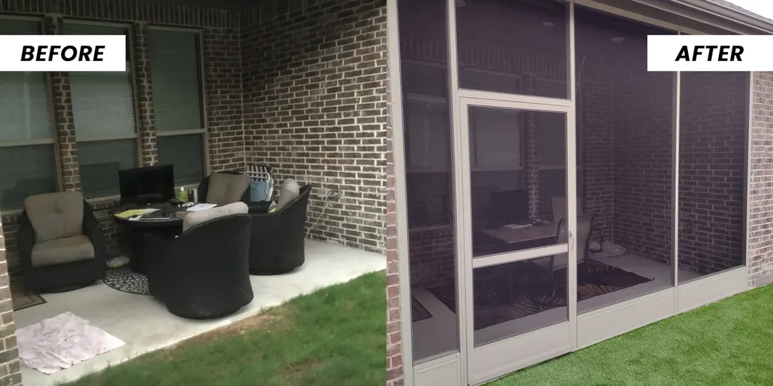 Before and after of an open brick patio enclosed into a screened-in porch with door