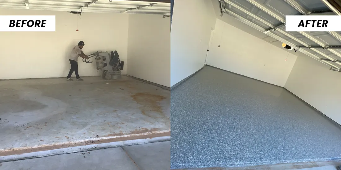 Stained concrete garage floor before and after application of speckled gray protective coating