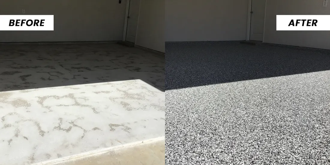 Before-and-after view of worn garage concrete coated in textured gray epoxy flake finish