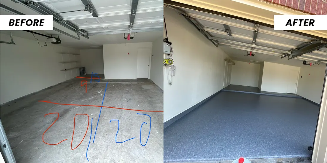 Before and after comparison of marked concrete garage floor refinished with gray speckled coating