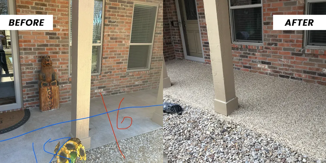 Before and after of a brick house porch upgraded with a textured speckled floor coating