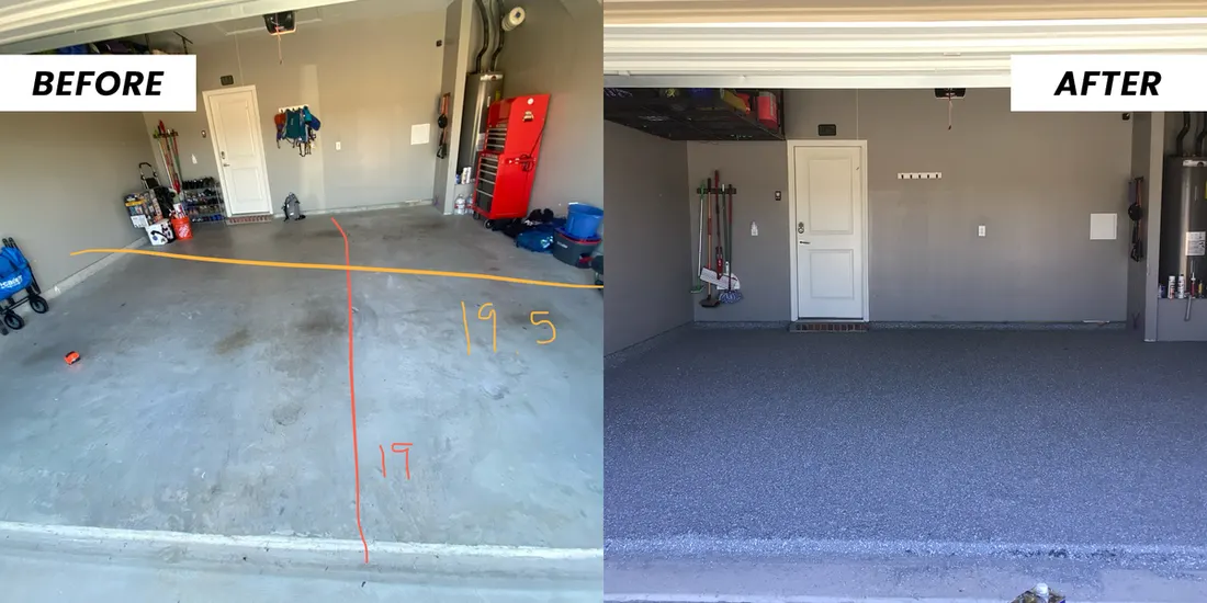 Before and after of a stained concrete garage floor transformed with a gray speckled coating
