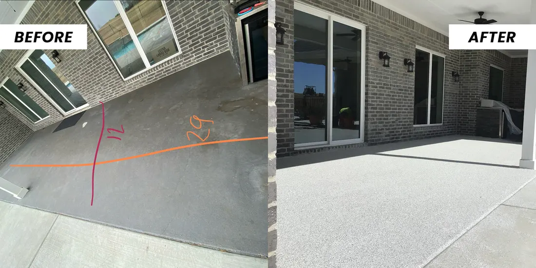 Before and after comparison of a covered brick patio floor refinished with gray textured coating
