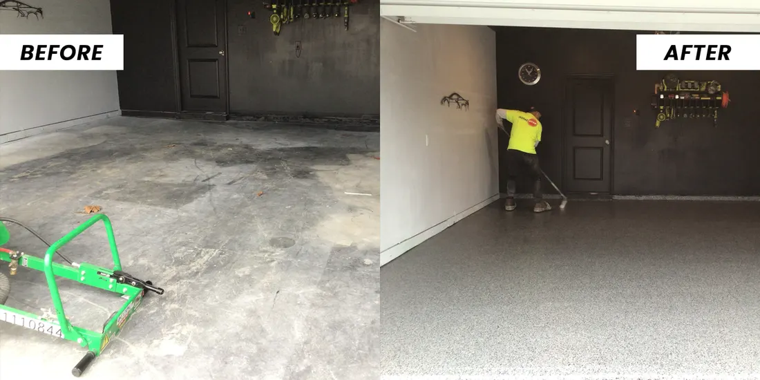 Side-by-side comparison of a worn concrete garage floor transformed with speckled gray coating