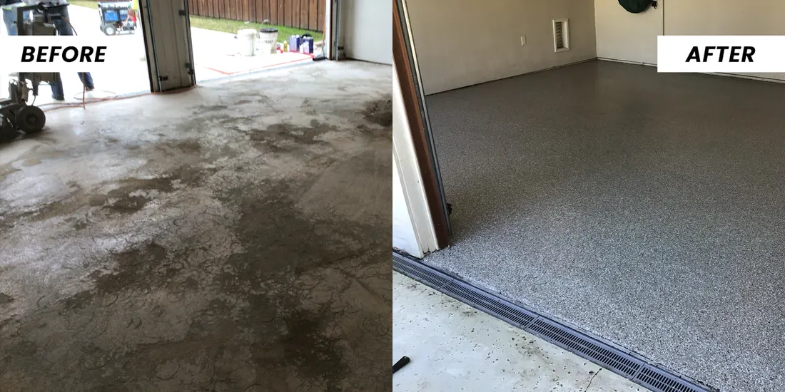 Side-by-side comparison of a worn concrete garage floor transformed with speckled gray coating