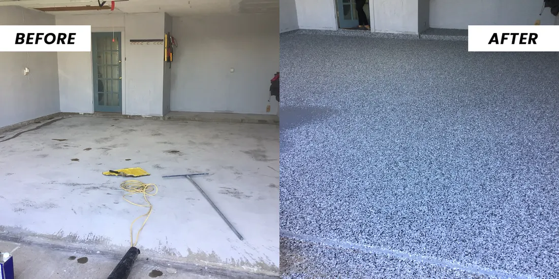 Before and after comparison of stained garage concrete transformed with textured gray epoxy coating
