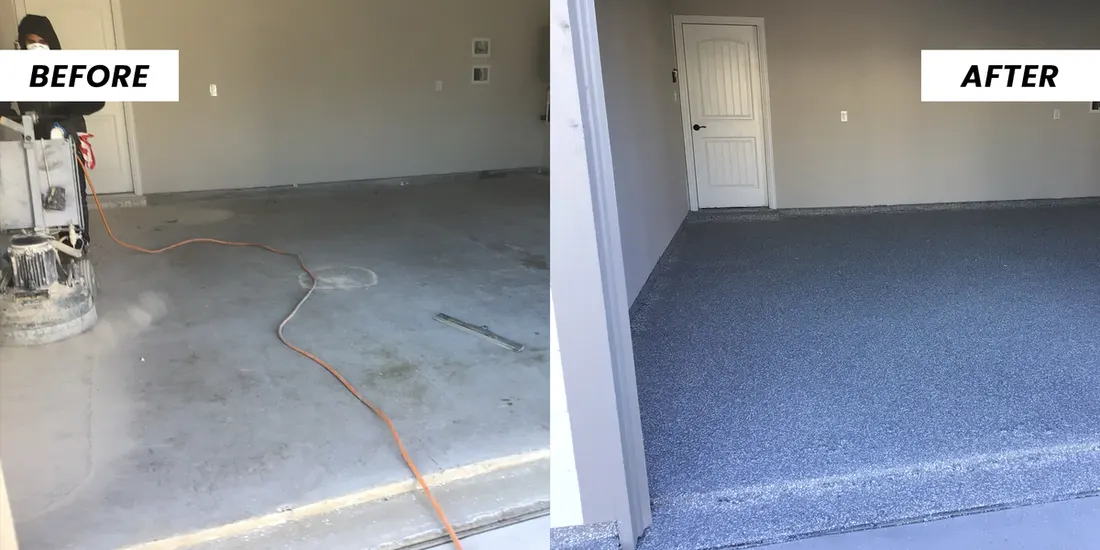 Before and after comparison of bare concrete garage floor transformed with speckled gray epoxy coating