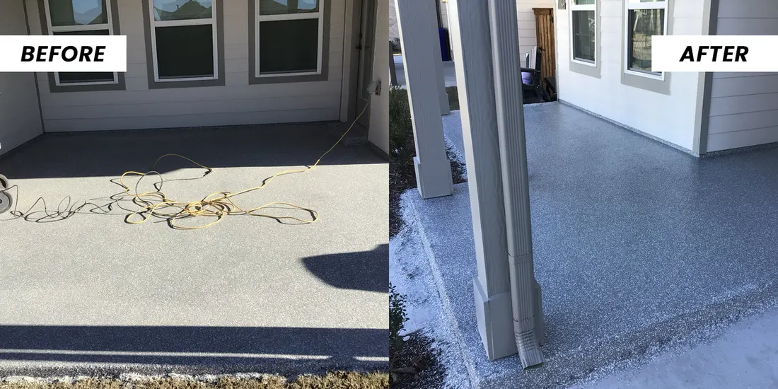 Before and after of a covered patio concrete floor finished with speckled gray coating