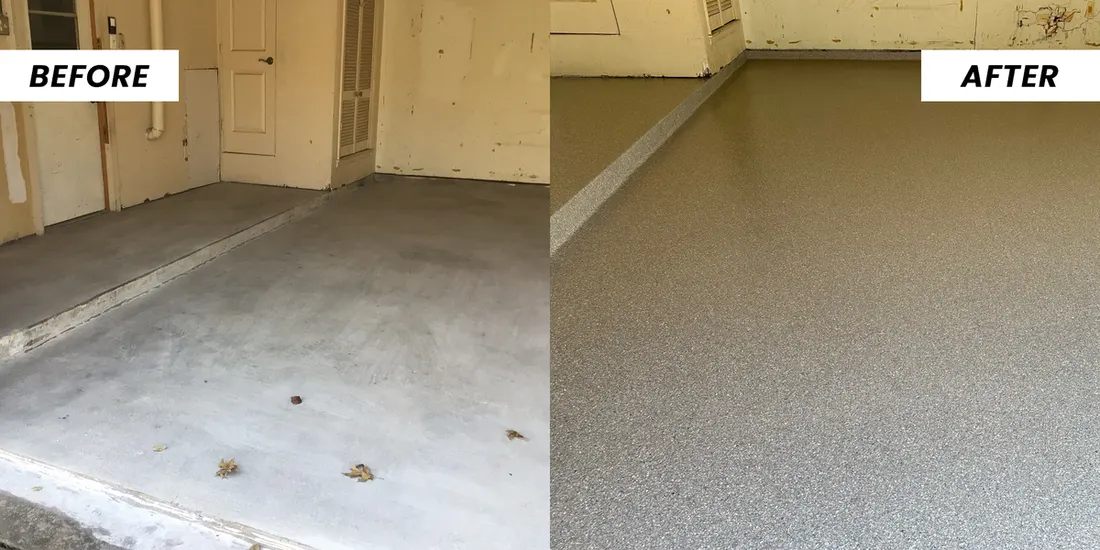 Before and after of a garage concrete floor finished with a speckled grey coating