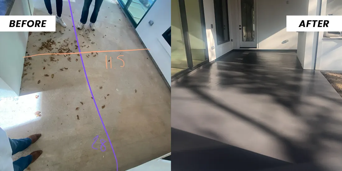Before and after of a concrete patio floor transformed with a smooth, dark gray protective coating