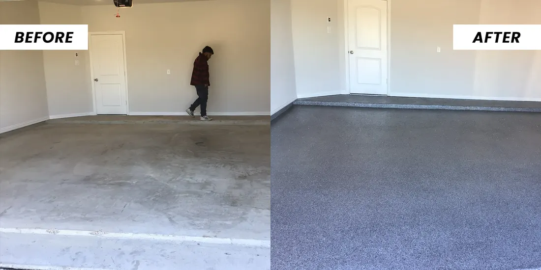 Before and after comparison of an unfinished concrete garage floor upgraded with gray speckled coating