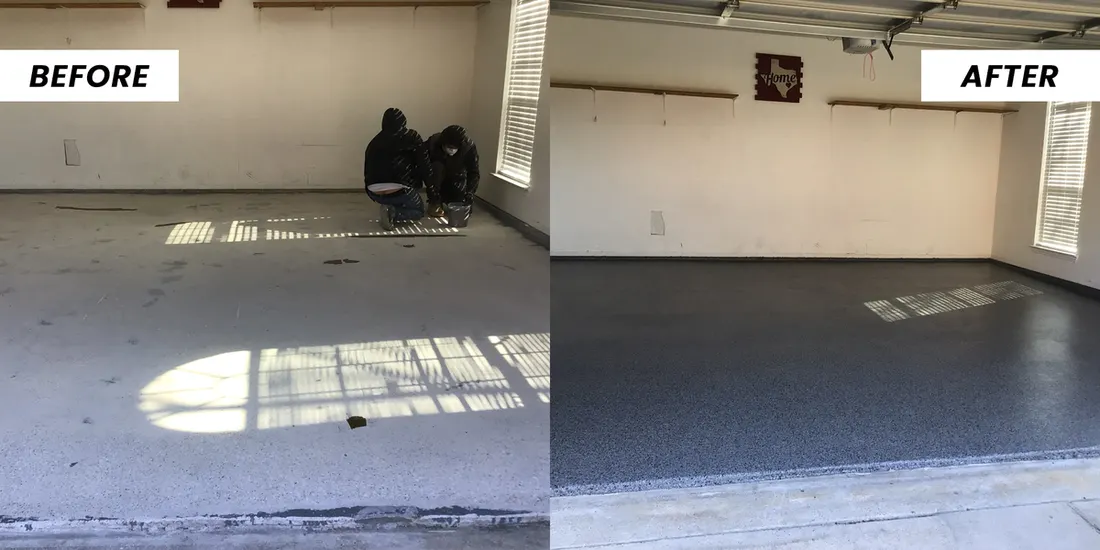 Before and after comparison of a concrete garage floor coated with dark gray speckled finish