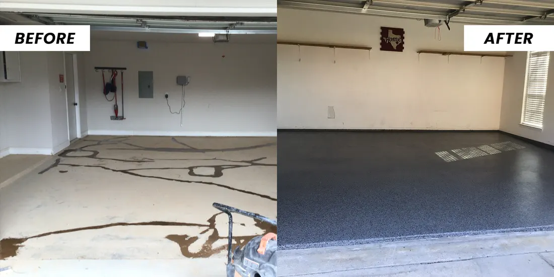 Garage interior showing cracked concrete floor repaired and finished with a dark speckled coating