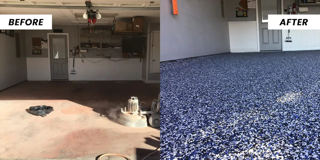 Before and after comparison of bare concrete garage floor transformed with speckled blue epoxy flake coating