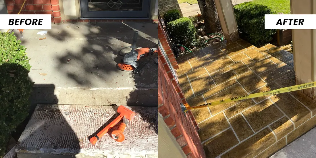 Before and after of a concrete front porch refinished with a tan faux brick coating