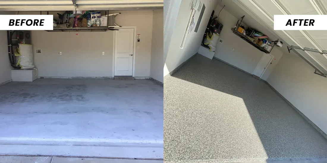 Before and after comparison of stained concrete garage floor upgraded with speckled epoxy coating