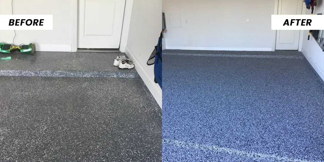 Before and after comparison of a garage floor with blue and gray speckled flake coating