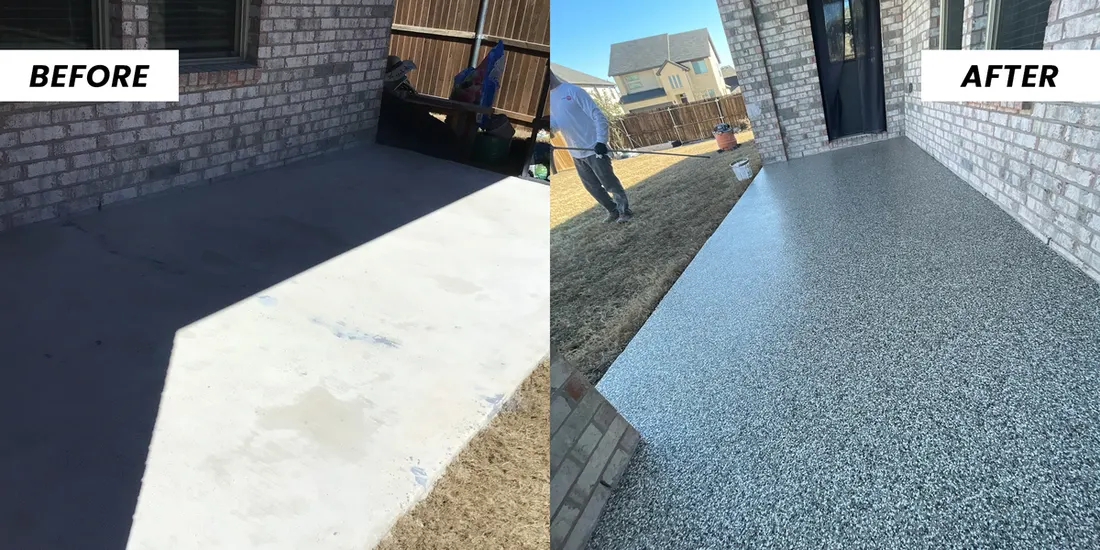 Before and after of a plain concrete patio resurfaced with a gray speckled flake coating