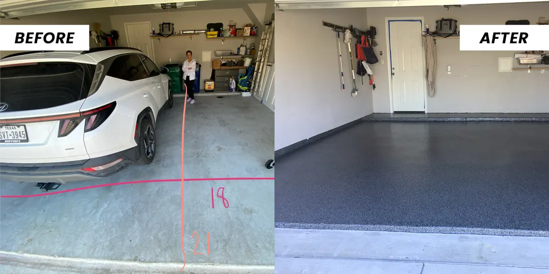 Before and after comparison of a concrete garage floor transformed with a dark gray coating