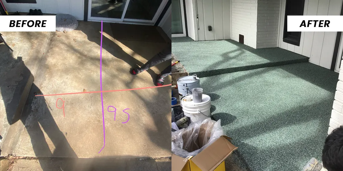 Before and after comparison of bare concrete patio refinished with textured green coating