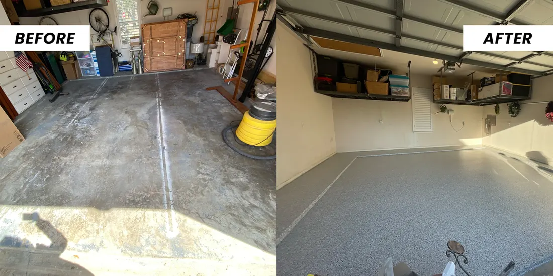 Before and after comparison of a stained concrete garage floor transformed with glossy gray coating