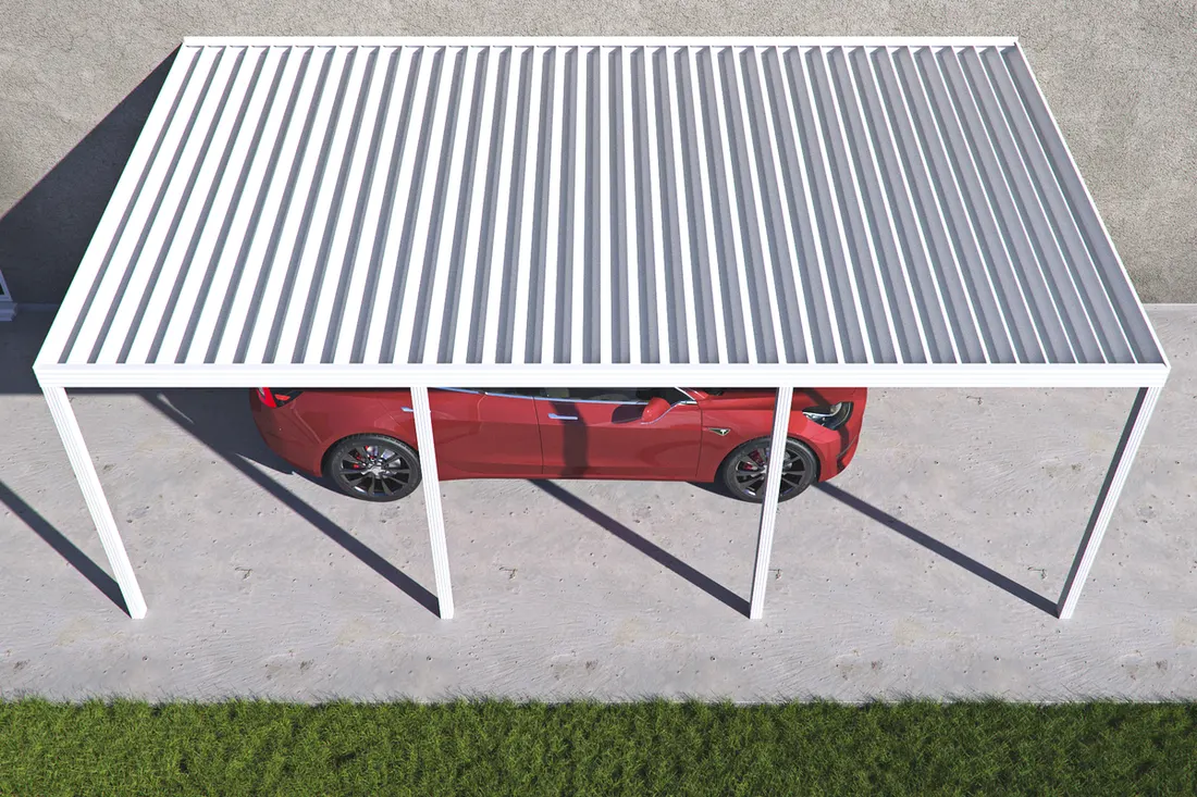 White metal louvered carport canopy over a red car parked on a concrete driveway