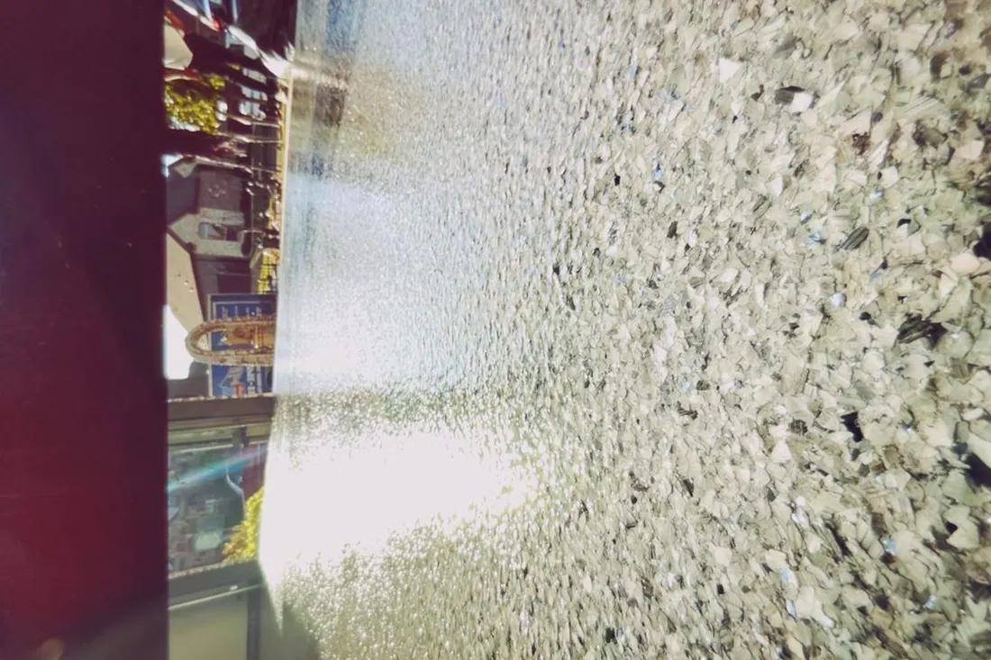 Light-gray textured patio floor coating with multicolored aggregate beside a building