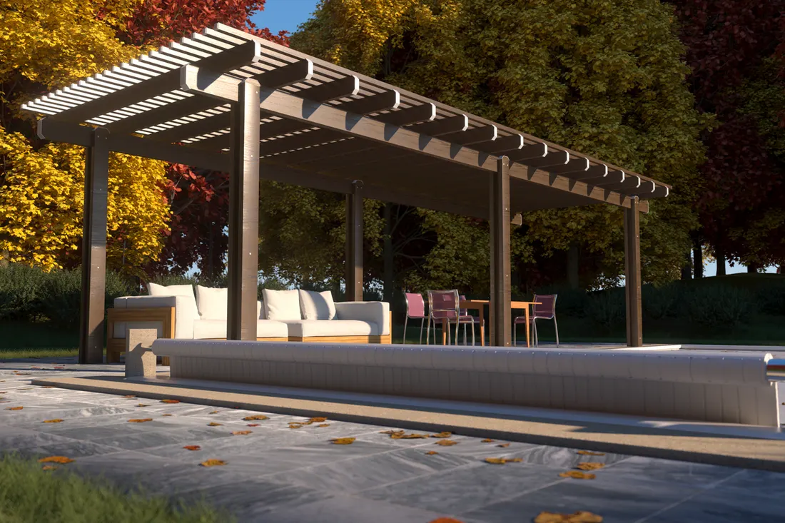 Dark pergola with slatted roof shelters outdoor seating beside a pool, surrounded by autumn trees