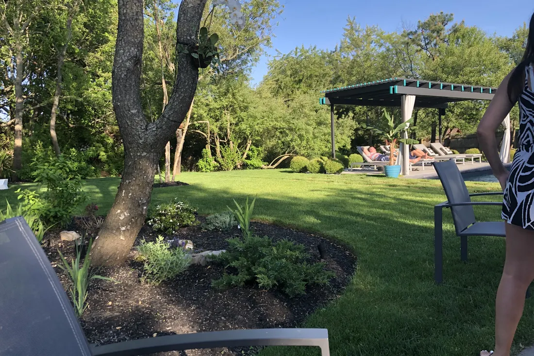 Dark metal pergola with a flat roof beside a landscaped lawn and mature trees