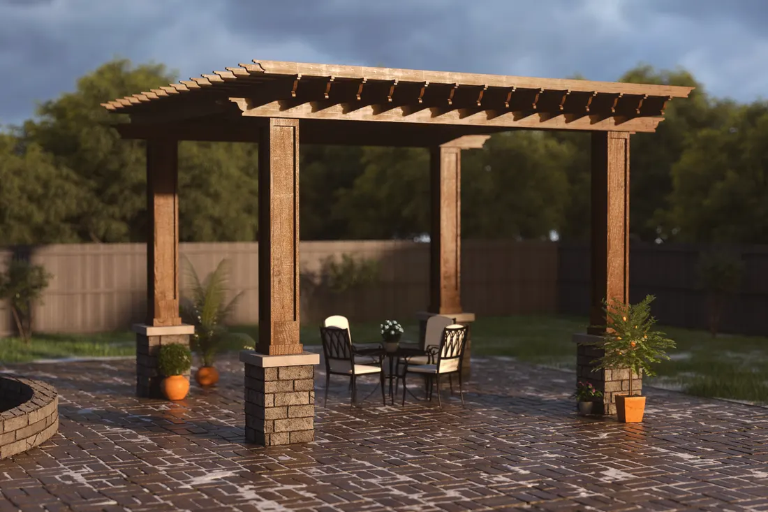 Brown wooden pergola with stone pillar bases on a paved patio with outdoor dining furniture