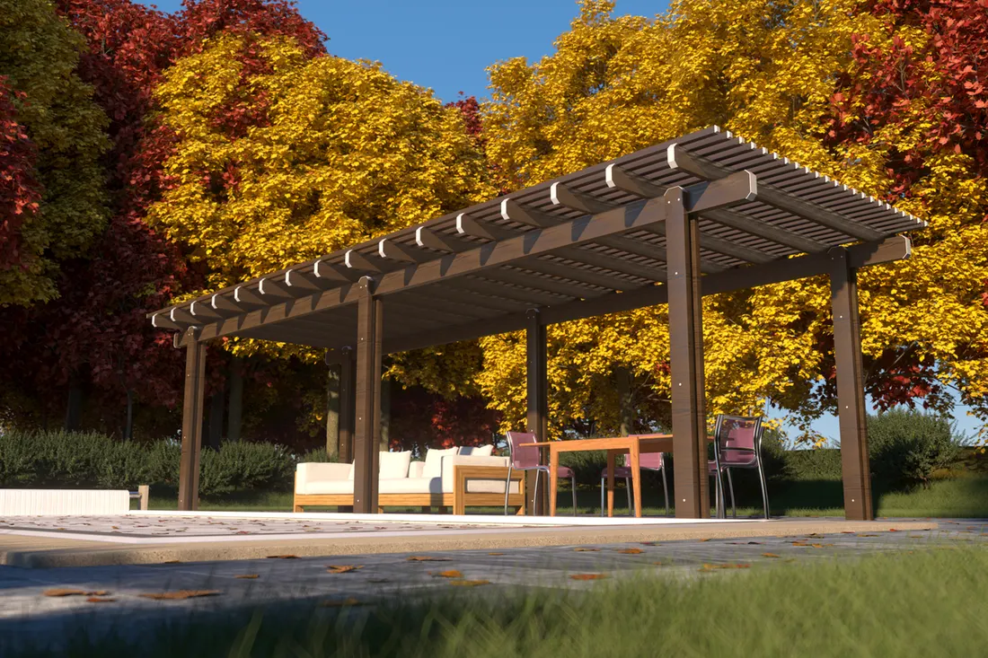 Dark wood pergola with slatted roof beside a pool, surrounded by vibrant autumn trees and outdoor seating