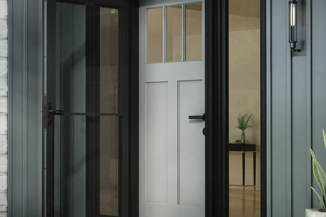 Black storm door with glass panels opening on a gray entry