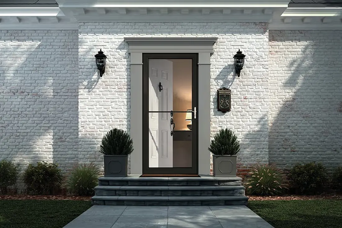 Dark brown glass storm door on a white brick entryway with stone steps
