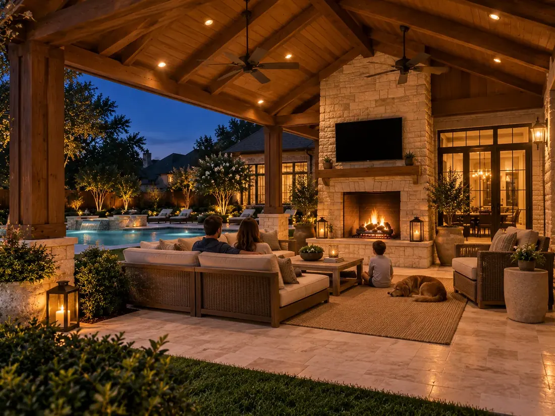 Cedar-beamed covered outdoor living room with a stone fireplace at dusk