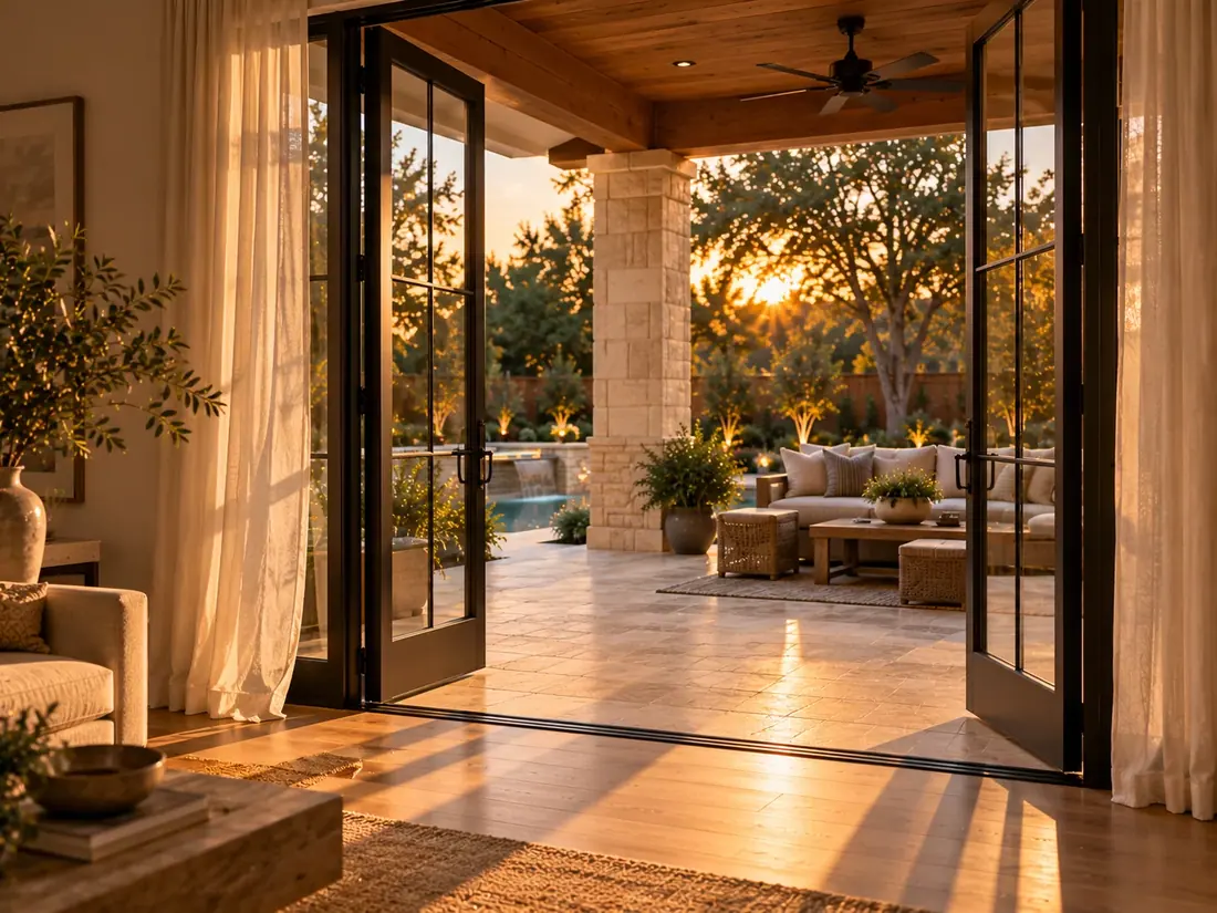 French patio doors standing open onto a travertine patio at golden hour
