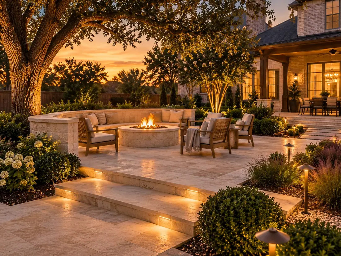 Travertine pool deck with a stone-faced raised wall and gas fire bowl