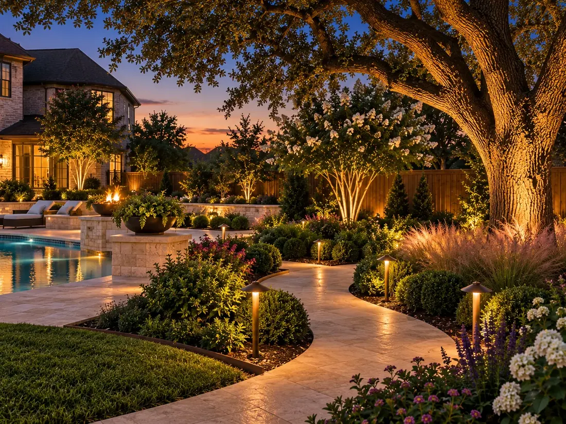 Layered planting, mature trees and a stone path around a Dallas–Fort Worth pool deck