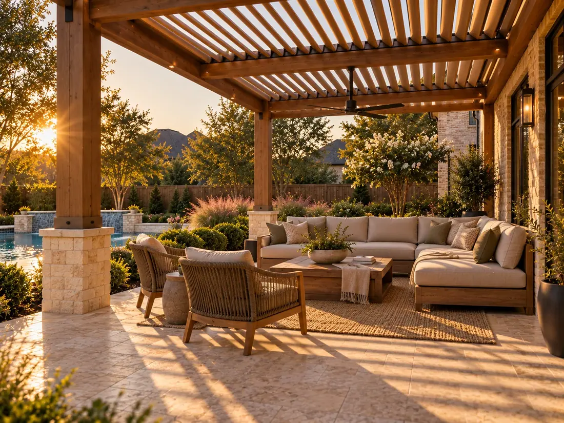 Modern louvered pergola over an outdoor lounge