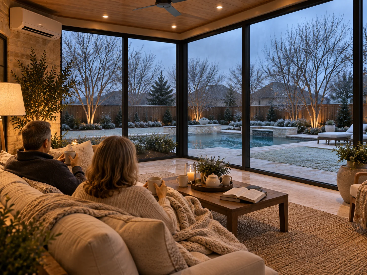 All-season sunroom, warm and lived-in, looking out over a winter yard