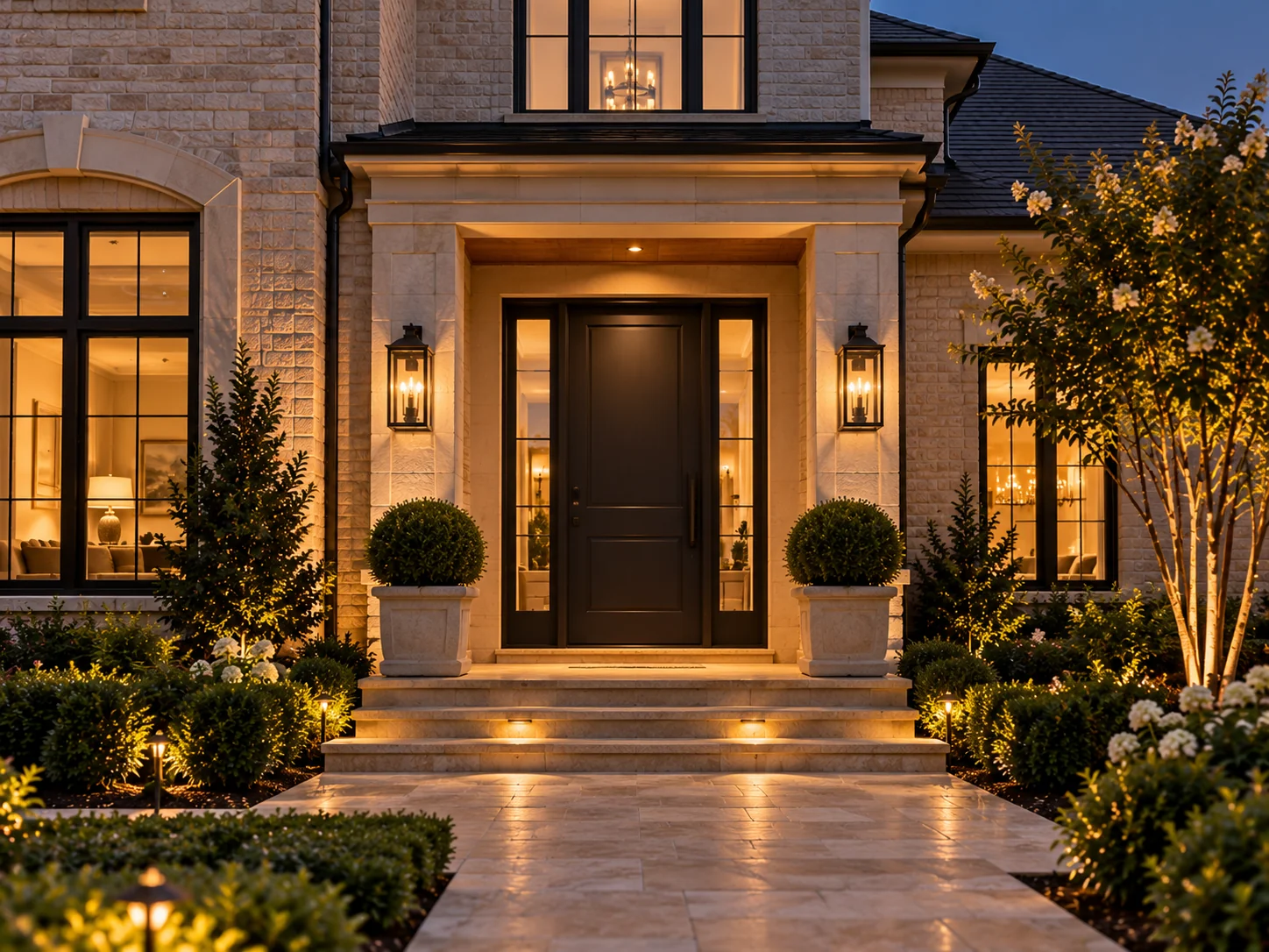 Lit front entry with a bronze-black door, limestone surround and wall lanterns