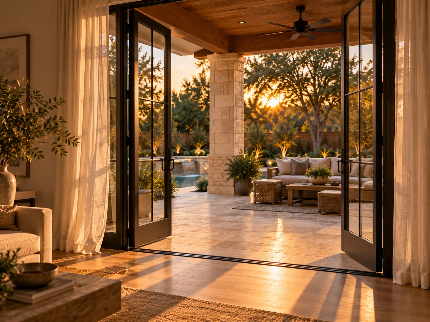 French patio doors standing open onto a travertine patio at golden hour