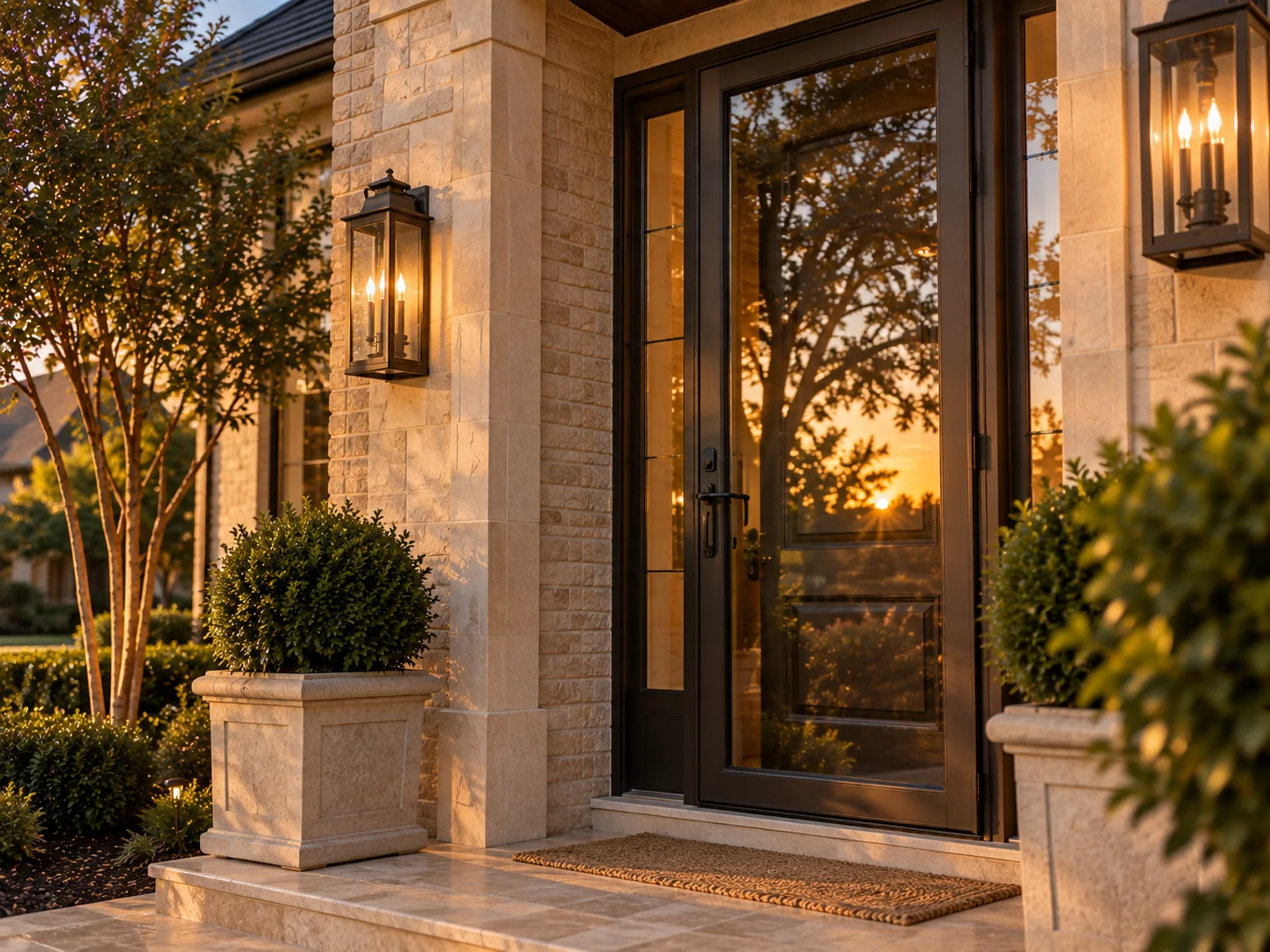 Well-fitted storm door in a bronze frame over a handsome entry door